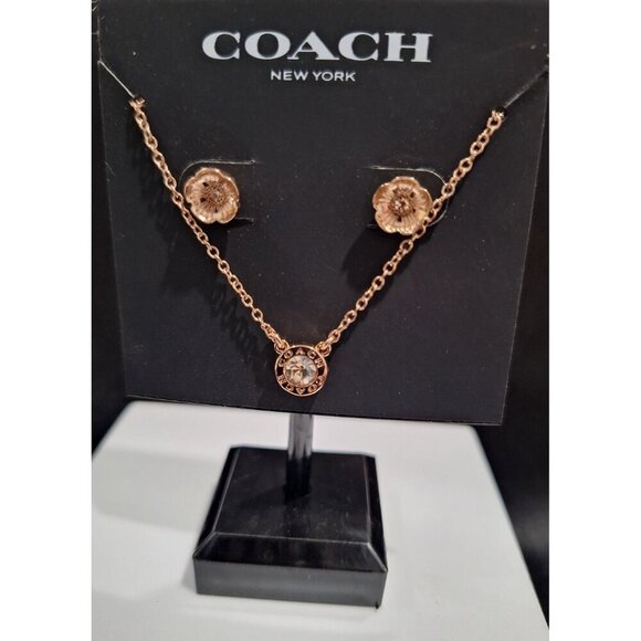 NWT Coach New York Rose Gold-Tone Crystal Necklace & Tea Rose Stud Earrings Set - Picture 5 of 6